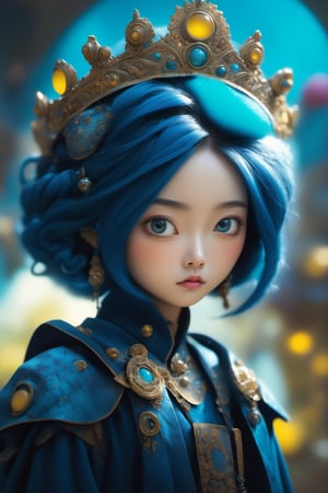 (masterpiece, best quality, ultra-detailed, best shadow), (detailed background,dark fantasy), (beautiful detailed face), high contrast, (best illumination, an extremely delicate and beautiful), ((cinematic light)), colorful, hyper detail, dramatic light, intricate details, Cute big headed large eyed Asian girl with blue hair she wears a crown. She’s on an alien planet with a small creature resting on her shoulder in her hand she holds a small world. The world is floating between both hands. She is obviously an alien with tight fitting outfit, decorated heavily with silver And yellow pattern 