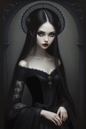 Painting in art style of Nicoletta Ceccoli, Daria Petrilli and Anton Semenov, minimalist style. Painting of a beautiful female vampire girl with long straight black hair, closeup, long off the shoulder rococo gothic black velvet dress with lace detail, dark black ornate carved background, at night, darkness, goth person