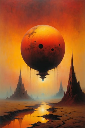 a painting in style of zdzislaw beksinski, reddish and yellowish background, strange orb like structures in an alien landscape