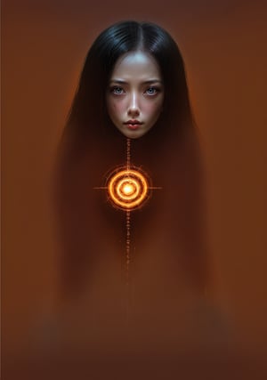 Hyperrealism, tecno Style of Loui Jover, cyborg and girl, movie poster, chinese text, GEOF DARROW style. orange,,<lora:659095807385103906:1.0>