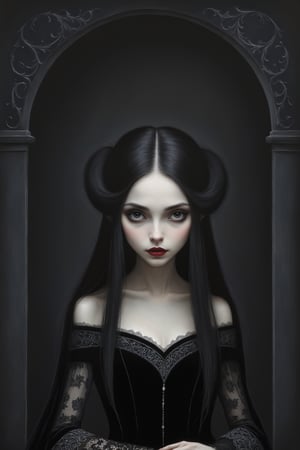 Painting in art style of Nicoletta Ceccoli, Daria Petrilli and Anton Semenov, minimalist style. Painting of a beautiful female vampire girl with long straight black hair, closeup, long off the shoulder rococo gothic black velvet dress with lace detail, dark black ornate carved background, at night, darkness, 