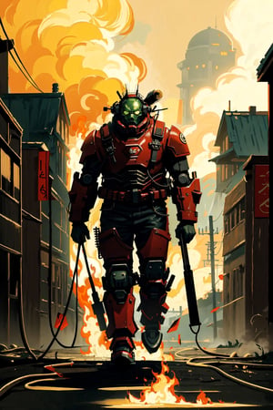 military, space marine, solo, standing, weapon, no humans, robot, mecha, science fiction, cable, radio antenna, war, leviathan, def, dinosaur, fire, ghostrider, shodanSS_soul3142, green theme, walking out fo the fire