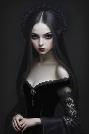 Painting in art style of Nicoletta Ceccoli, Daria Petrilli and Anton Semenov, minimalist style. Painting of a beautiful female vampire girl with long straight black rococo style hair, closeup, long off the shoulder rococo gothic black velvet dress with lace detail, dark background, at night, darkness, goth person