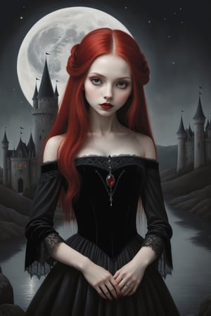 Painting in art style of Nicoletta Ceccoli, Daria Petrilli and Anton Semenov, minimalist style. Painting of a beautiful female vampire girl with long straight red hair, closeup, long off the shoulder rococo gothic black velvet dress with lace detail, dark gothic stone castle background, at night, full moon