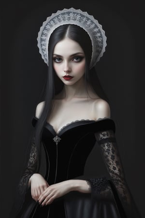 Painting in art style of Nicoletta Ceccoli, Daria Petrilli and Anton Semenov, minimalist style. Painting of a beautiful female vampire girl with long straight black rococo style hair, closeup, long off the shoulder rococo gothic black velvet dress with lace detail, dark background, at night, darkness, goth person, black lace bonnet, {{hands not visible}}