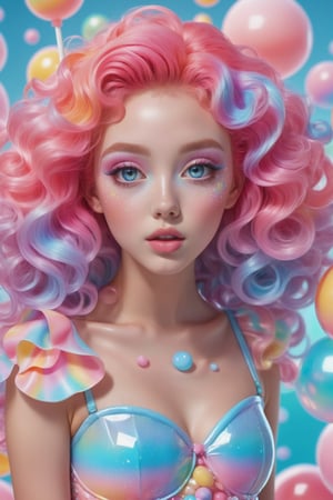 beautiful kawaii naughty girl, hyper detailed, cotton candy curly hair, candy freckles, bright makeup, holographic transparent candy dress, exposed skin, close-up portrait, highly detailed illustration, candyland character design, Pale pastel colors, bubblegum bubbles, gradient background. the candy girl