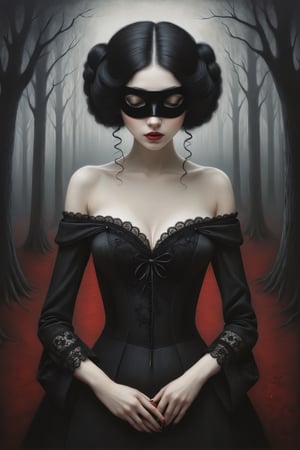 Painting in art style of Nicoletta Ceccoli, Daria Petrilli and Anton Semenov, minimalist style. Painting of a beautiful girl with black rococo style hair, in a dark sinister forest. closeup, large breasts cleavage, off the shoulder long black crushed velvet dress with sequin detail, feeling of forboding, creepy, eerie, goth person, Lace Blindfold