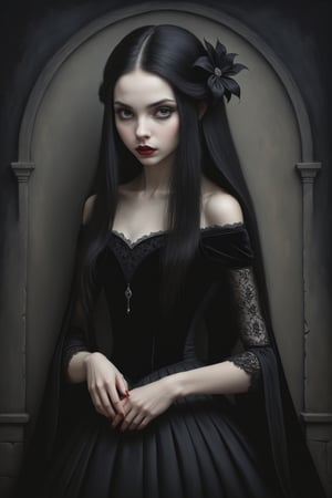 Painting in art style of Nicoletta Ceccoli, Daria Petrilli and Anton Semenov, minimalist style. Painting of a beautiful female vampire girl with long straight black hair, closeup, long off the shoulder rococo gothic black velvet dress with lace detail, dark stone wall background, at night, darkness