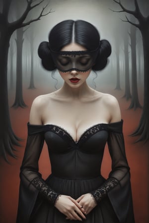 Painting in art style of Nicoletta Ceccoli, Daria Petrilli and Anton Semenov, minimalist style. Painting of a beautiful girl with black rococo style hair, in a dark sinister forest. closeup, large breasts cleavage, off the shoulder long black sheer dress with lace detail, feeling of forboding, creepy, eerie, goth person, Lace Blindfold