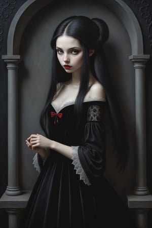 Painting in art style of Nicoletta Ceccoli, Daria Petrilli and Anton Semenov, minimalist style. Painting of a beautiful female vampire girl with long straight black hair, closeup, long off the shoulder rococo gothic black velvet dress with lace detail, dark black carved wall background, at night, darkness