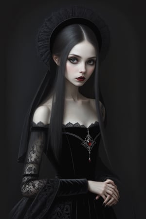 Painting in art style of Nicoletta Ceccoli, Daria Petrilli and Anton Semenov, minimalist style. Painting of a beautiful female vampire girl with long straight black rococo style hair, closeup, long off the shoulder rococo gothic black velvet dress with lace detail, dark background, at night, darkness, goth person, black lace bonnet