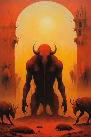 a painting in style of zdzislaw beksinski, reddish and yellowish background, undefined creatures in the foreground
