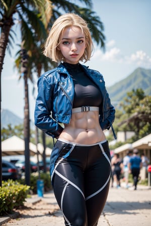 RAW photo, upper body, standing proud, large breasts, (full_body), (a photo of 18y.o. girl:1.3), (sharp focus:1.2), (face focus, looking at viewer:1.2), (sharp eyes, insanely detailed eyes:1.2), (short blonde hair),  (hands by sides:1.2), (secluded hawaii sandy beach with palm trees), ((blurred background)), shot with long telephoto lens, (wearing blue cropped jacket, black shirt, black pants:1.2), (black leather tight fitting pants), thigh gap, athletic,  muscular abs, cammy_green_bodysuit_aiwaifu,cammy_green_bodysuit_aiwaifu,cammy_blue_bodysuit_aiwaifu