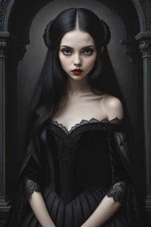 Painting in art style of Nicoletta Ceccoli, Daria Petrilli and Anton Semenov, minimalist style. Painting of a beautiful female vampire girl with long straight black hair, closeup, long off the shoulder rococo gothic black velvet dress with lace detail, dark black ornate gothic woodwork background, at night, darkness