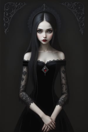 Painting in art style of Nicoletta Ceccoli, Daria Petrilli and Anton Semenov, minimalist style. Painting of a beautiful female vampire girl with long straight black hair, closeup, long off the shoulder rococo gothic black velvet dress with lace detail, dark black ornate background, at night, darkness, 
