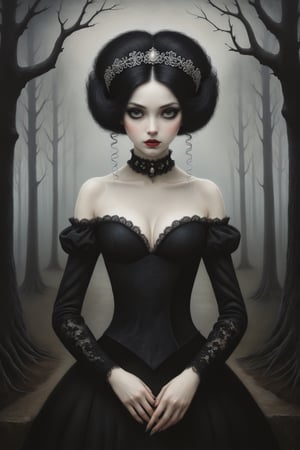 Painting in art style of Nicoletta Ceccoli, Daria Petrilli and Anton Semenov, minimalist style. Painting of a beautiful girl with black rococo style hair, in a dark sinister forest. closeup, large breasts cleavage, off the shoulder long black rococo crushed velvet dress with sequin detail, feeling of forboding, creepy, eerie, goth person, Lace Blindfold, black blindfold