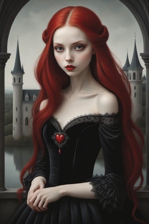 Painting in art style of Nicoletta Ceccoli, Daria Petrilli and Anton Semenov, minimalist style. Painting of a beautiful female vampire girl with long straight red hair, closeup, long off the shoulder rococo gothic black velvet dress with lace detail, flat stomach 