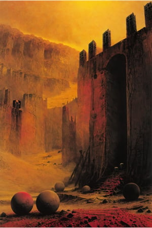 a painting in style of zdzislaw beksinski, reddish and yellowish background, strange orb like structures in an alien landscape,digital artwork by Beksinski