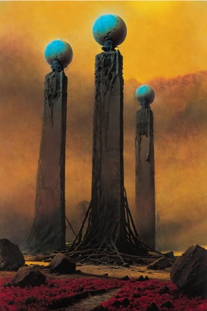 a painting in style of zdzislaw beksinski, reddish and yellowish background, strange orb like structures in an alien landscape,digital artwork by Beksinski