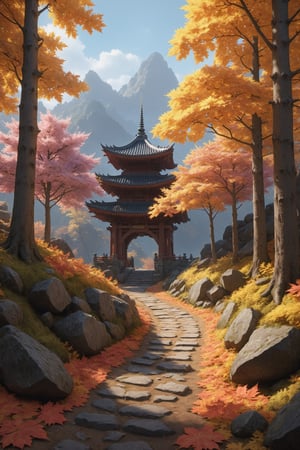 diorama, genshin impact, landscape, environment, autumn, forest, trees, orange leaves, yellow leaves, pink leaves, maple, trending on artstation, sharp focus, studio photo, intricate details, highly detailed, by greg rutkowski, vivid colors, trending on artstation, sharp focus, studio photo, intricate details, highly detailed, by greg rutkowski