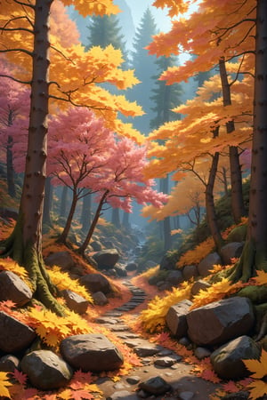 diorama, genshin impact, landscape, environment, autumn, forest, trees, orange leaves, yellow leaves, pink leaves, maple, trending on artstation, sharp focus, studio photo, intricate details, highly detailed, by greg rutkowski, vivid colors, trending on artstation, sharp focus, studio photo, intricate details, highly detailed, by greg rutkowski