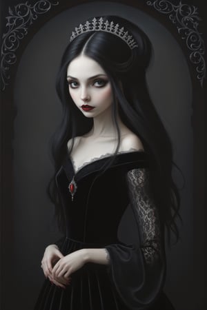 Painting in art style of Nicoletta Ceccoli, Daria Petrilli and Anton Semenov, minimalist style. Painting of a beautiful female vampire girl with long straight black hair, closeup, long off the shoulder rococo gothic black velvet dress with lace detail, dark black ornate gothic woodwork background, at night, darkness, long vampire teeth