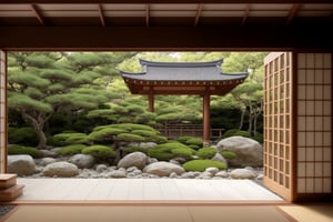 The interior zen garden of an ancient Japanese Shinto shrine, a meticulously raked karesansui rock garden consisting of carefully arranged boulders amidst undulating waves of finely combed gravel, creating abstract representations of islands and rippling water, framed by wooden engawa walking paths lined with bonsai trees and stone lanterns, with shoji screen doors open to let in filtered sunlight casting geometric shadows, evoking a profound sense of minimalist beauty, harmony and contemplation within the sacred space