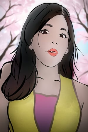 A 30-year-old woman with long, black hair and a slim figure. Admire red cherry blossoms by the river. White tank top, yellow cardigan, from below, focus on face, looking at viewer,YunQiuStyleColor