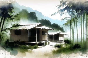 Bamboo forest, wooden hut,YunQiuWaterColor