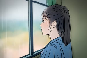 Girl looking out the window at the heavy rain,YunQiuStyleColor