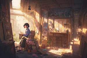 Official Art, Unity 8K Wallpaper, Extreme Detailed, Beautiful and Aesthetic, Masterpiece, Top Quality, perfect anatomy, 

1girl, solo, short hair, shirt, black hair, holding, sitting, white shirt, flower, outdoors, shoes, day, book, window, sunlight, crossed legs, plant, building, scenery, door, potted plant, shade, house, wide shot, peach blossom, petals, 

a beautifully drawn (((ink illustration))) depicting, vintage, BROWN and PURPLE accents, watercolor painting, concept art, (best illustration), (best shadow), Analog Color Theme, vivid colours, contrast, smooth, sharp focus, scenery, 

(Pencil_Sketch:1.2,masterpiece, midjourney, best quality, incredibly absurdres, messy lines,high detail eyes,More Detail,perfect light,portrait, 