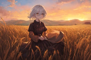 Official Art, Unity 8K Wallpaper, Extreme Detailed, Beautiful and Aesthetic, Masterpiece, Top Quality, perfect anatomy, 

1girl, solo, short hair, shirt, long sleeves, holding, white hair, parted lips, one eye covered, wheat field behind, sunset, Sickle, harvest,

a beautifully drawn (((ink illustration))) depicting, vintage, BROWN and orange accents, watercolor painting, concept art, (best illustration), (best shadow), Analog Color Theme, vivid colours, contrast, smooth, sharp focus, scenery, 

(Pencil_Sketch:1.2,masterpiece, midjourney, best quality, incredibly absurdres, messy lines,high detail eyes,More Detail,perfect light,portrait, 