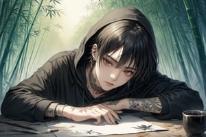 Official Art, Unity 8K Wallpaper, Extreme Detailed, Beautiful and Aesthetic, Masterpiece, Top Quality, perfect anatomy, 

solo, looking at viewer, short hair, black hair, red eyes, 1boy, hair between eyes, jewelry, male focus, earrings, parted lips, hood, cup, fingernails, hoodie, tattoo, piercing, hood down, ear piercing, black nails, skull, head rest, arm tattoo, black hoodie, neck tattoo, lip piercing, multiple piercings, hand tattoo, green bamboo forest, fallen leaves, 

a beautifully drawn (((ink illustration))) depicting, vintage, BROWN and YELLOW accents, watercolor painting, concept art, (best illustration), (best shadow), Analog Color Theme, vivid colours, contrast, smooth, sharp focus, scenery, 

(Pencil_Sketch:1.2,masterpiece, midjourney, best quality, incredibly absurdres, messy lines,high detail eyes,More Detail,perfect light,portrait, ,more detail XL, 