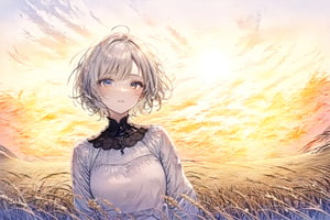 Official Art, Unity 8K Wallpaper, Extreme Detailed, Beautiful and Aesthetic, Masterpiece, Top Quality, perfect anatomy, 

1girl, solo, short hair, shirt, long sleeves, holding, white hair, parted lips, one eye covered, wheat field behind, sunset, Sickle, harvest,

a beautifully drawn (((ink illustration))) depicting, vintage, BROWN and orange accents, watercolor painting, concept art, (best illustration), (best shadow), Analog Color Theme, vivid colours, contrast, smooth, sharp focus, scenery, 

(Pencil_Sketch:1.2,masterpiece, midjourney, best quality, incredibly absurdres, messy lines,high detail eyes,More Detail,perfect light,portrait, ,more detail XL, 