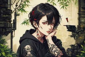 Official Art, Unity 8K Wallpaper, Extreme Detailed, Beautiful and Aesthetic, Masterpiece, Top Quality, perfect anatomy, 

solo, looking at viewer, short hair, black hair, red eyes, 1boy, hair between eyes, jewelry, male focus, earrings, parted lips, hood, cup, fingernails, hoodie, tattoo, piercing, hood down, ear piercing, black nails, skull, head rest, arm tattoo, black hoodie, neck tattoo, lip piercing, multiple piercings, hand tattoo, green bamboo forest, fallen leaves, 
a beautifully drawn (((ink illustration))) depicting, vintage, BROWN and YELLOW accents, watercolor painting, concept art, (best illustration), (best shadow), Analog Color Theme, vivid colours, contrast, smooth, sharp focus, scenery, 

(Pencil_Sketch:1.2,masterpiece, midjourney, best quality, incredibly absurdres, messy lines,high detail eyes,More Detail,perfect light,portrait, ,more detail XL, 