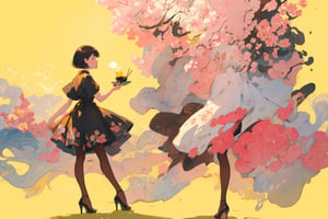 Official Art, Unity 8K Wallpaper, Extreme Detailed, Beautiful and Aesthetic, Masterpiece, Top Quality, perfect anatomy, 

1girl, solo, short hair, dress, standing, flower, short sleeves, pantyhose, high heels, cup, profile, floral print, bob cut, yellow background, drinking, yellow theme, 
Open air bar, fireworks, 

a beautifully drawn (((ink illustration))) depicting, vintage, pink and brown accents, watercolor painting, concept art, (best illustration), (best shadow), Analog Color Theme, vivid colours, contrast, smooth, sharp focus, scenery, 

(Pencil_Sketch:1.2,masterpiece, midjourney, best quality, incredibly absurdres, messy lines,high detail eyes,More Detail,perfect light,portrait, ,more detail XL,Ukiyo-e, ,ink