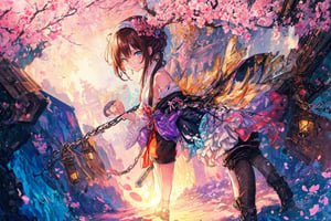 Official Art, Unity 8K Wallpaper, Extreme Detailed, Beautiful and Aesthetic, Masterpiece, Top Quality, perfect anatomy, 

1girl, solo, looking at viewer, blue eyes, brown hair, holding, standing, full body, weapon, shorts, socks, holding weapon, chain, skull, axe, sakura, shrine, nontraditional miko, petals, twlight, hairband, 

a beautifully drawn (((ink illustration))) depicting, vintage, PINK and PURPLE accents, watercolor painting, concept art, (best illustration), (best shadow), Analog Color Theme, vivid colours, contrast, smooth, sharp focus, scenery, 

(Pencil_Sketch:1.2,masterpiece, midjourney, best quality, incredibly absurdres, messy lines,high detail eyes,More Detail,perfect light,portrait, 