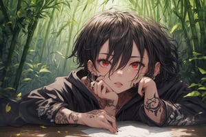 Official Art, Unity 8K Wallpaper, Extreme Detailed, Beautiful and Aesthetic, Masterpiece, Top Quality, perfect anatomy, 

solo, looking at viewer, short hair, black hair, red eyes, 1boy, hair between eyes, jewelry, male focus, earrings, parted lips, hood, cup, fingernails, hoodie, tattoo, piercing, hood down, ear piercing, black nails, skull, head rest, arm tattoo, black hoodie, neck tattoo, lip piercing, multiple piercings, hand tattoo, green bamboo forest, fallen leaves, 
a beautifully drawn (((ink illustration))) depicting, vintage, BROWN and YELLOW accents, watercolor painting, concept art, (best illustration), (best shadow), Analog Color Theme, vivid colours, contrast, smooth, sharp focus, scenery, 

(Pencil_Sketch:1.2,masterpiece, midjourney, best quality, incredibly absurdres, messy lines,high detail eyes,More Detail,perfect light,portrait, ,more detail XL, 