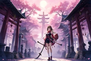 Official Art, Unity 8K Wallpaper, Extreme Detailed, Beautiful and Aesthetic, Masterpiece, Top Quality, perfect anatomy, 

1girl, solo, looking at viewer, blue eyes, brown hair, holding, standing, full body, weapon, shorts, socks, holding weapon, chain, skull, axe, sakura, shrine, nontraditional miko, petals, twlight, hairband, pink theme, 

a beautifully drawn (((ink illustration))) depicting, vintage, PINK and PURPLE accents, watercolor painting, concept art, (best illustration), (best shadow), Analog Color Theme, vivid colours, contrast, smooth, sharp focus, scenery, 

(Pencil_Sketch:1.2,masterpiece, midjourney, best quality, incredibly absurdres, messy lines,high detail eyes,More Detail,perfect light,portrait, ,more detail XL