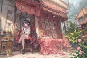 Official Art, Unity 8K Wallpaper, Extreme Detailed, Beautiful and Aesthetic, Masterpiece, Top Quality, perfect anatomy, 

1girl, solo, short hair, shirt, black hair, holding, sitting, white shirt, flower, outdoors, shoes, day, book, window, sunlight, crossed legs, plant, building, scenery, door, potted plant, shade, house, wide shot, peach blossom, petals, 

a beautifully drawn (((ink illustration))) depicting, vintage, BROWN and PURPLE accents, watercolor painting, concept art, (best illustration), (best shadow), Analog Color Theme, vivid colours, contrast, smooth, sharp focus, scenery, 

(Pencil_Sketch:1.2,masterpiece, midjourney, best quality, incredibly absurdres, messy lines,high detail eyes,More Detail,perfect light,portrait, 