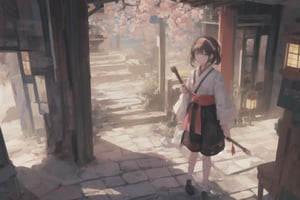 Official Art, Unity 8K Wallpaper, Extreme Detailed, Beautiful and Aesthetic, Masterpiece, Top Quality, perfect anatomy, 

1girl, solo, looking at viewer, blue eyes, brown hair, holding, standing, full body, weapon, shorts, socks, holding weapon, chain, skull, axe, sakura, shrine, nontraditional miko, petals, twlight, hairband, shrine, 

a beautifully drawn (((ink illustration))) depicting, vintage, PINK and PURPLE accents, watercolor painting, concept art, (best illustration), (best shadow), Analog Color Theme, vivid colours, contrast, smooth, sharp focus, scenery, 

(Pencil_Sketch:1.2,masterpiece, midjourney, best quality, incredibly absurdres, messy lines,high detail eyes,More Detail,perfect light,portrait, 
