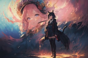 Official Art, Unity 8K Wallpaper, Extreme Detailed, Beautiful and Aesthetic, Masterpiece, Top Quality, perfect anatomy, 

1girl, solo, looking at viewer, short hair, bangs, blue eyes, black hair, thighhighs, long sleeves, dress, animal ears, standing, jacket, tail, full body, boots, black thighhighs, cat ears, black footwear, black dress, cat tail, hand on hip, shadow, pink theme, blue jacket, flames, indigo background, 

a beautifully drawn (((ink illustration))) depicting, vintage, purple and yellow accents, watercolor painting, concept art, (best illustration), (best shadow), Analog Color Theme, vivid colours, contrast, smooth, sharp focus, scenery, 

(Pencil_Sketch:1.2,masterpiece, midjourney, best quality, incredibly absurdres, messy lines,high detail eyes,More Detail,perfect light,portrait, ,more detail XL,Ukiyo-e, ,ink