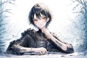 Official Art, Unity 8K Wallpaper, Extreme Detailed, Beautiful and Aesthetic, Masterpiece, Top Quality, perfect anatomy, 

solo, looking at viewer, short hair, black hair, red eyes, 1boy, hair between eyes, jewelry, male focus, earrings, parted lips, hood, cup, fingernails, hoodie, tattoo, piercing, hood down, ear piercing, black nails, skull, head rest, arm tattoo, black hoodie, neck tattoo, lip piercing, multiple piercings, hand tattoo, green bamboo forest, fallen leaves, green theme, 

a beautifully drawn (((ink illustration))) depicting, vintage, BROWN and YELLOW accents, watercolor painting, concept art, (best illustration), (best shadow), Analog Color Theme, vivid colours, contrast, smooth, sharp focus, scenery, 

(Pencil_Sketch:1.2,masterpiece, midjourney, best quality, incredibly absurdres, messy lines,high detail eyes,More Detail,perfect light,portrait, ,more detail XL, 