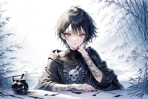 Official Art, Unity 8K Wallpaper, Extreme Detailed, Beautiful and Aesthetic, Masterpiece, Top Quality, perfect anatomy, 

solo, looking at viewer, short hair, black hair, red eyes, 1boy, hair between eyes, jewelry, male focus, earrings, parted lips, hood, cup, fingernails, hoodie, tattoo, piercing, hood down, ear piercing, black nails, skull, head rest, arm tattoo, black hoodie, neck tattoo, lip piercing, multiple piercings, hand tattoo, green bamboo forest, fallen leaves, 

a beautifully drawn (((ink illustration))) depicting, vintage, BROWN and YELLOW accents, watercolor painting, concept art, (best illustration), (best shadow), Analog Color Theme, vivid colours, contrast, smooth, sharp focus, scenery, 

(Pencil_Sketch:1.2,masterpiece, midjourney, best quality, incredibly absurdres, messy lines,high detail eyes,More Detail,perfect light,portrait, ,more detail XL, 
