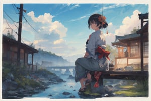 Official Art, Unity 8K Wallpaper, Extreme Detailed, Beautiful and Aesthetic, Masterpiece, Top Quality, perfect anatomy, 

solo, short hair, black hair, 1boy, holding, sitting, male focus, outdoors, japanese clothes, sky, day, pants, clouds, water, blue sky, tattoo, sandals, fish, grey pants, fishing rod, fishing, holding fishing rod, fishing line, blue theme, 

a beautifully drawn (((ink illustration))) depicting, vintage, purple and yellow accents, watercolor painting, concept art, (best illustration), (best shadow), Analog Color Theme, vivid colours, contrast, smooth, sharp focus, scenery, 

(Pencil_Sketch:1.2,masterpiece, midjourney, best quality, incredibly absurdres, messy lines,high detail eyes,More Detail,perfect light,portrait, ,more detail XL,Ukiyo-e, ,ink