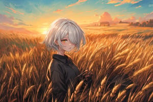 Official Art, Unity 8K Wallpaper, Extreme Detailed, Beautiful and Aesthetic, Masterpiece, Top Quality, perfect anatomy, 

1girl, solo, short hair, shirt, long sleeves, holding, white hair, parted lips, one eye covered, wheat field behind, sunset, Sickle, harvest,

a beautifully drawn (((ink illustration))) depicting, vintage, BROWN and orange accents, watercolor painting, concept art, (best illustration), (best shadow), Analog Color Theme, vivid colours, contrast, smooth, sharp focus, scenery, 

(Pencil_Sketch:1.2,masterpiece, midjourney, best quality, incredibly absurdres, messy lines,high detail eyes,More Detail,perfect light,portrait, 