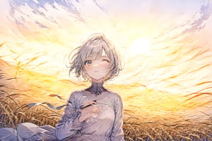 Official Art, Unity 8K Wallpaper, Extreme Detailed, Beautiful and Aesthetic, Masterpiece, Top Quality, perfect anatomy, 

1girl, solo, short hair, shirt, long sleeves, holding, white hair, parted lips, one eye covered, wheat field behind, sunset, Sickle, harvest,

a beautifully drawn (((ink illustration))) depicting, vintage, BROWN and orange accents, watercolor painting, concept art, (best illustration), (best shadow), Analog Color Theme, vivid colours, contrast, smooth, sharp focus, scenery, 

(Pencil_Sketch:1.2,masterpiece, midjourney, best quality, incredibly absurdres, messy lines,high detail eyes,More Detail,perfect light,portrait, ,more detail XL, 