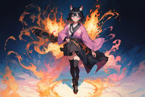 Official Art, Unity 8K Wallpaper, Extreme Detailed, Beautiful and Aesthetic, Masterpiece, Top Quality, perfect anatomy, 

1girl, solo, looking at viewer, short hair, bangs, blue eyes, black hair, thighhighs, long sleeves, dress, animal ears, standing, jacket, tail, full body, boots, black thighhighs, cat ears, black footwear, black dress, cat tail, hand on hip, shadow, pink theme, blue jacket, flames, indigo background, 

a beautifully drawn (((ink illustration))) depicting, vintage, purple and yellow accents, watercolor painting, concept art, (best illustration), (best shadow), Analog Color Theme, vivid colours, contrast, smooth, sharp focus, scenery, 

(Pencil_Sketch:1.2,masterpiece, midjourney, best quality, incredibly absurdres, messy lines,high detail eyes,More Detail,perfect light,portrait, ,more detail XL,Ukiyo-e, ,ink