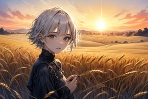 Official Art, Unity 8K Wallpaper, Extreme Detailed, Beautiful and Aesthetic, Masterpiece, Top Quality, perfect anatomy, 

1girl, solo, short hair, shirt, long sleeves, holding, white hair, parted lips, one eye covered, wheat field behind, sunset, Sickle, harvest,

a beautifully drawn (((ink illustration))) depicting, vintage, BROWN and orange accents, watercolor painting, concept art, (best illustration), (best shadow), Analog Color Theme, vivid colours, contrast, smooth, sharp focus, scenery, 

(Pencil_Sketch:1.2,masterpiece, midjourney, best quality, incredibly absurdres, messy lines,high detail eyes,More Detail,perfect light,portrait, ,more detail XL