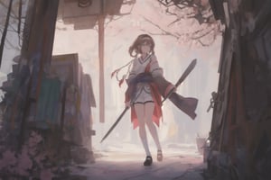 Official Art, Unity 8K Wallpaper, Extreme Detailed, Beautiful and Aesthetic, Masterpiece, Top Quality, perfect anatomy, 

1girl, solo, looking at viewer, blue eyes, brown hair, holding, standing, full body, weapon, shorts, socks, holding weapon, chain, skull, axe, sakura, shrine, nontraditional miko, petals, twlight, hairband, shrine, 

a beautifully drawn (((ink illustration))) depicting, vintage, PINK and PURPLE accents, watercolor painting, concept art, (best illustration), (best shadow), Analog Color Theme, vivid colours, contrast, smooth, sharp focus, scenery, 

(Pencil_Sketch:1.2,masterpiece, midjourney, best quality, incredibly absurdres, messy lines,high detail eyes,More Detail,perfect light,portrait, 
